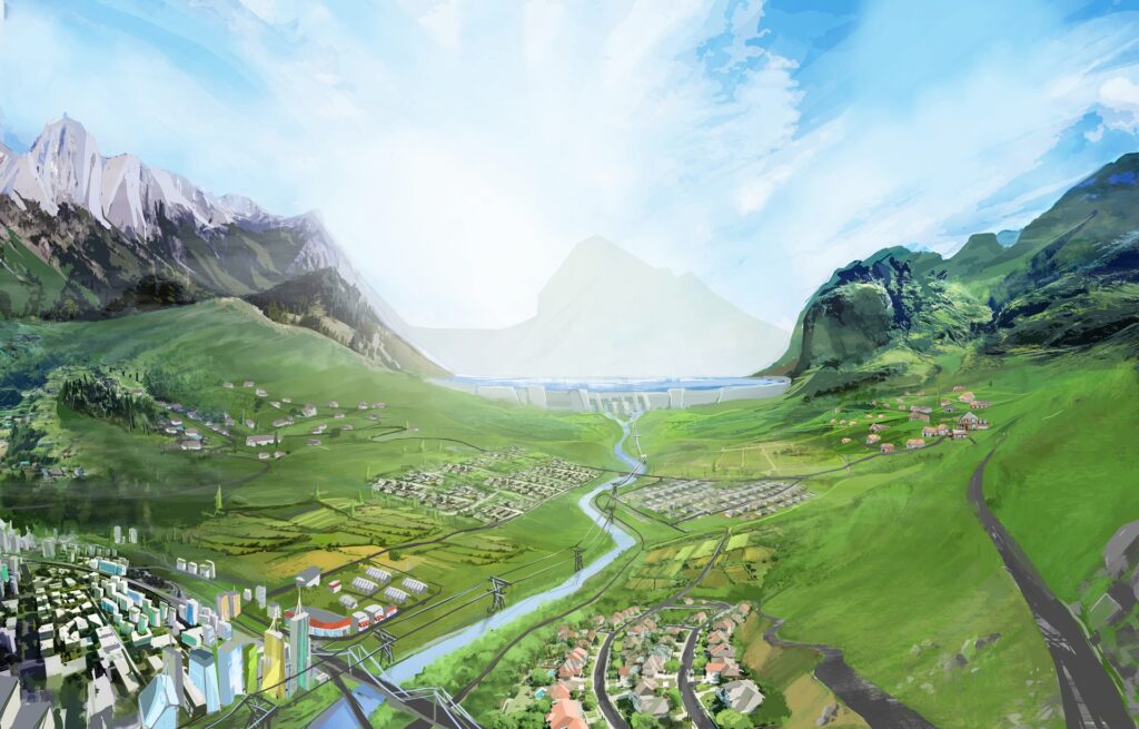 A drawing of a valley